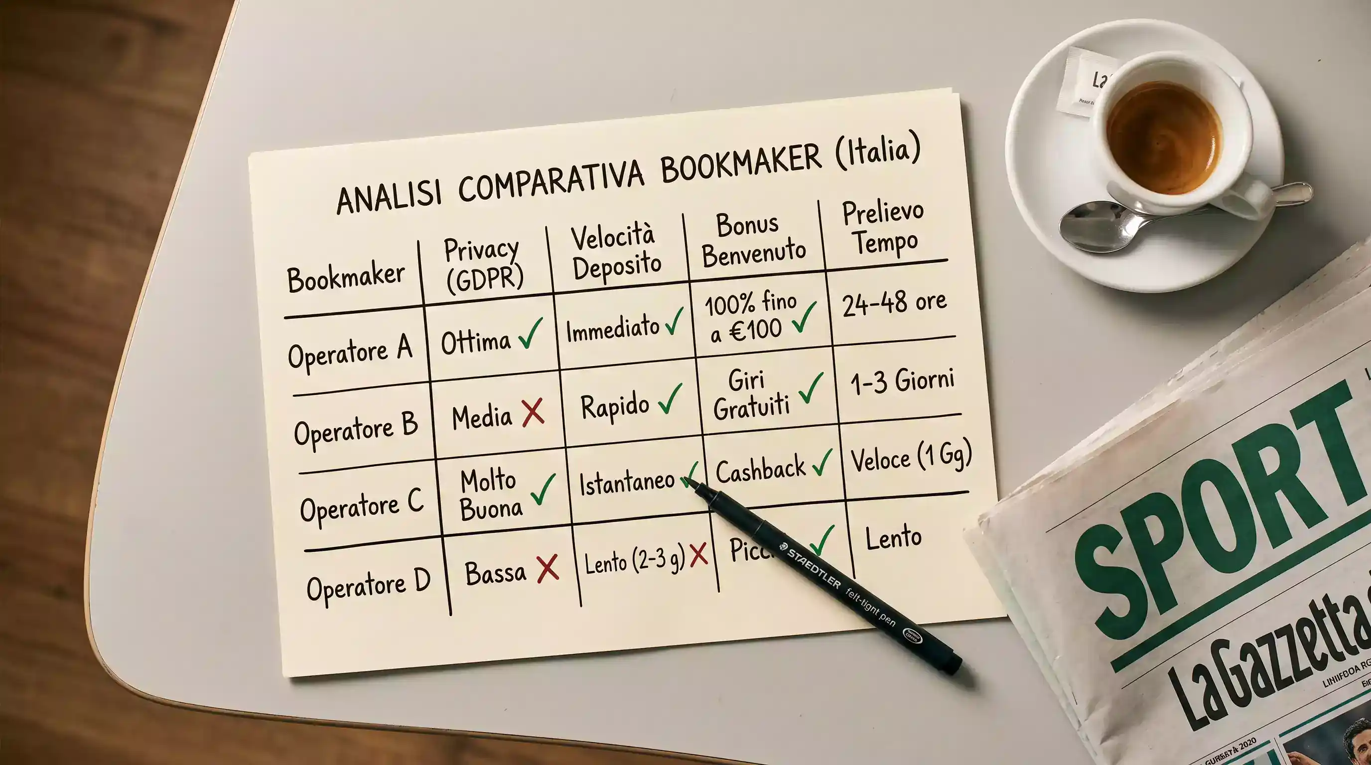 Tabella di confronto su carta con criteri di valutazione dei bookmaker ADM che accettano Paysafecard.