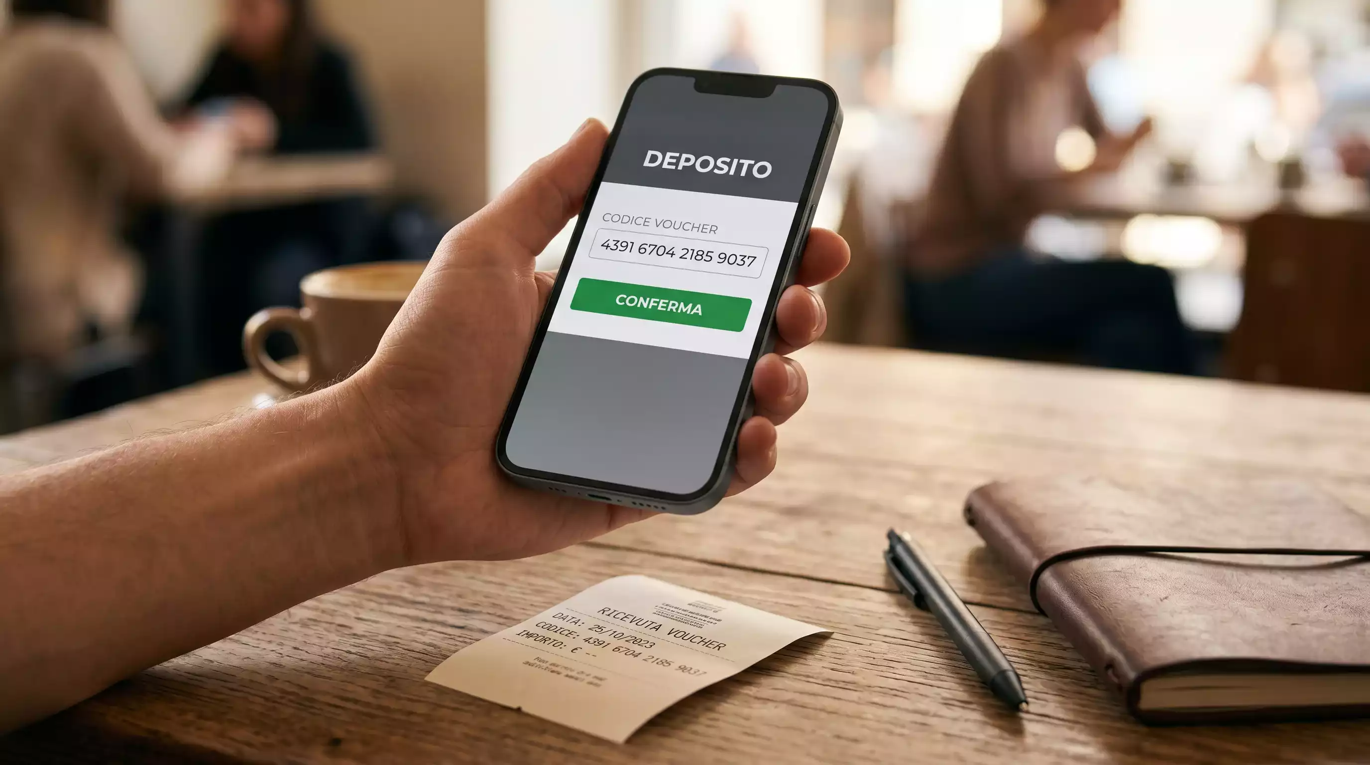 Mani che inseriscono il PIN a 16 cifre di un voucher Paysafecard nella cassa di un bookmaker su smartphone.