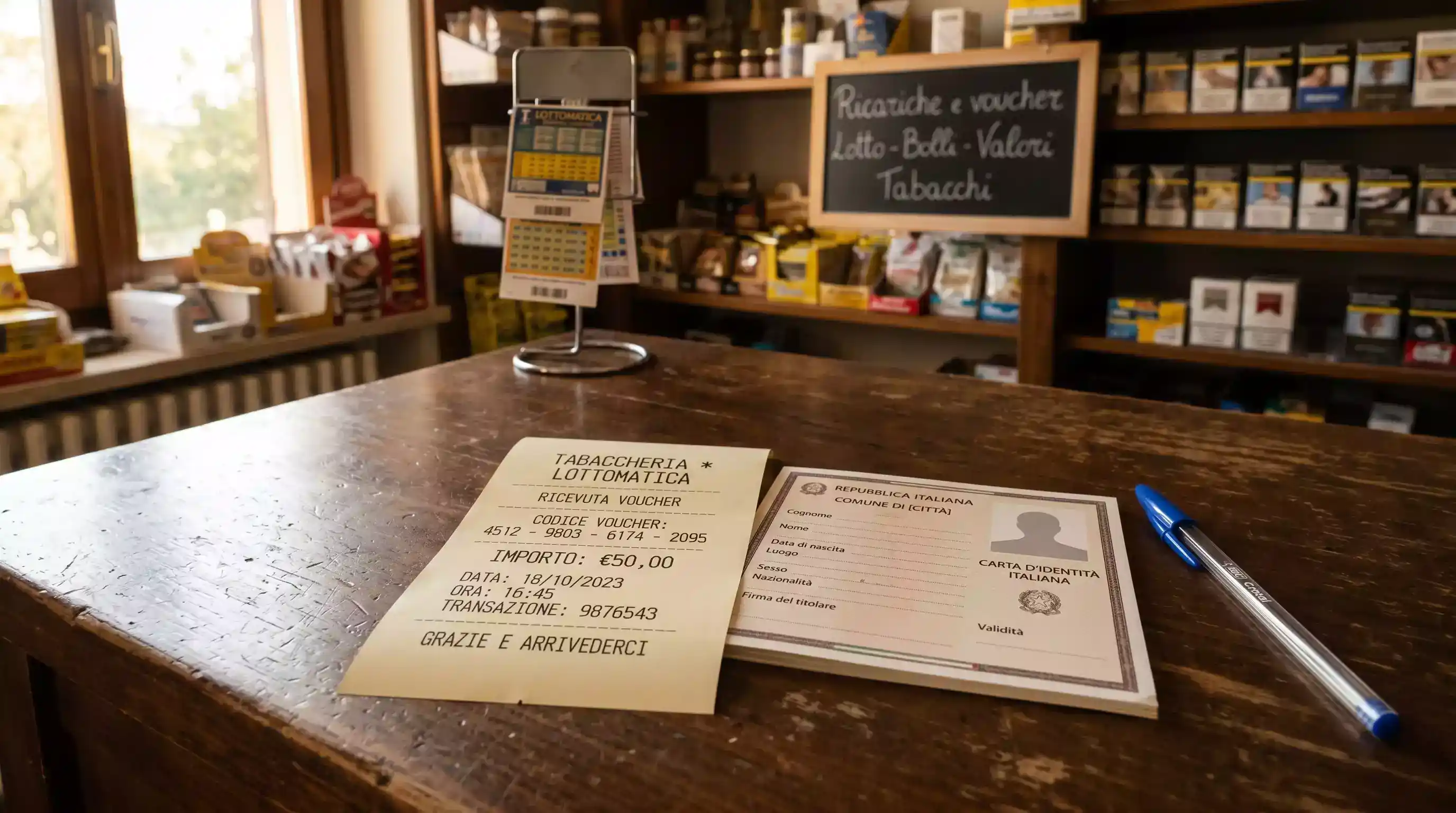 Voucher Paysafecard con codice PIN a 16 cifre stampato su scontrino in una tabaccheria italiana.